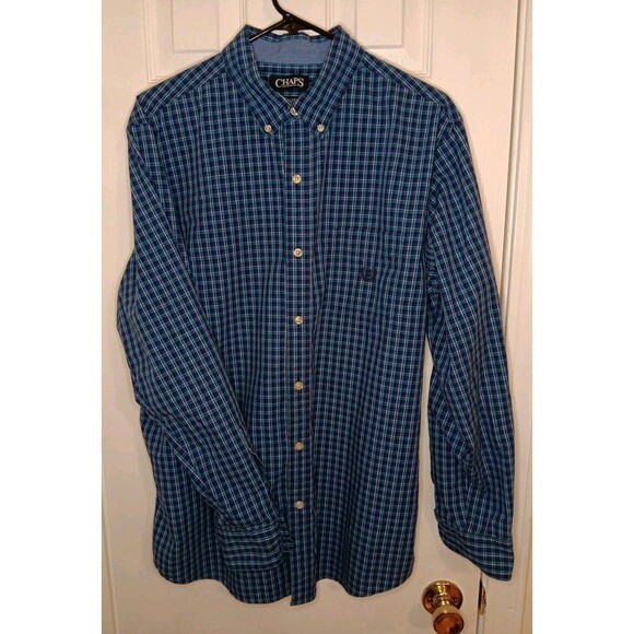 Large Mens Chaps Easy Care Blue Plaid Long Sleeve Button Up Shirt - Picture 2 of 6